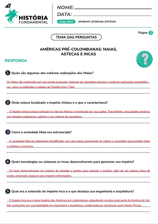 Atividades de história fundamental 2 de acordo com a BNCC em PDF para imprimir - do 6° ao 9° ano